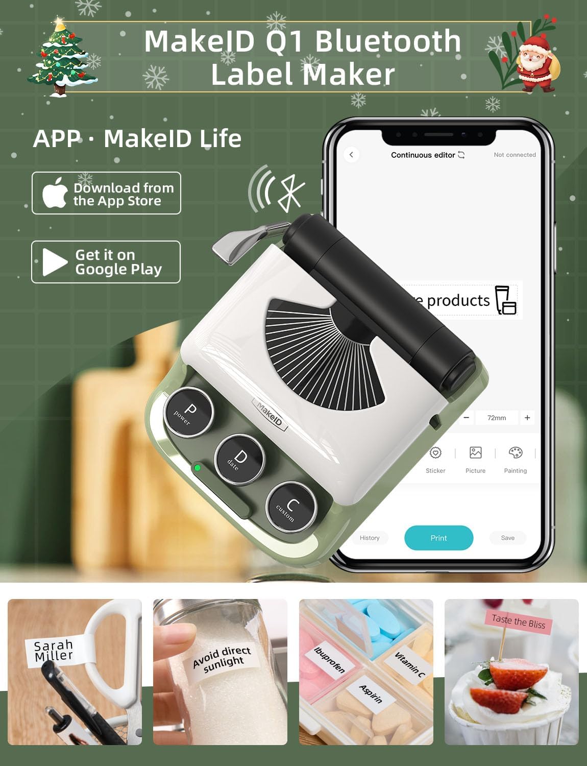 Makeid Étiqueteuse Bluetooth Q1 de HD 300dpi, Imprimante Etiquette Autocollante, Imprimante Thermique sans Encre-Se connecte à iOS et Android à l'aide de Bluetooth(Vert)
