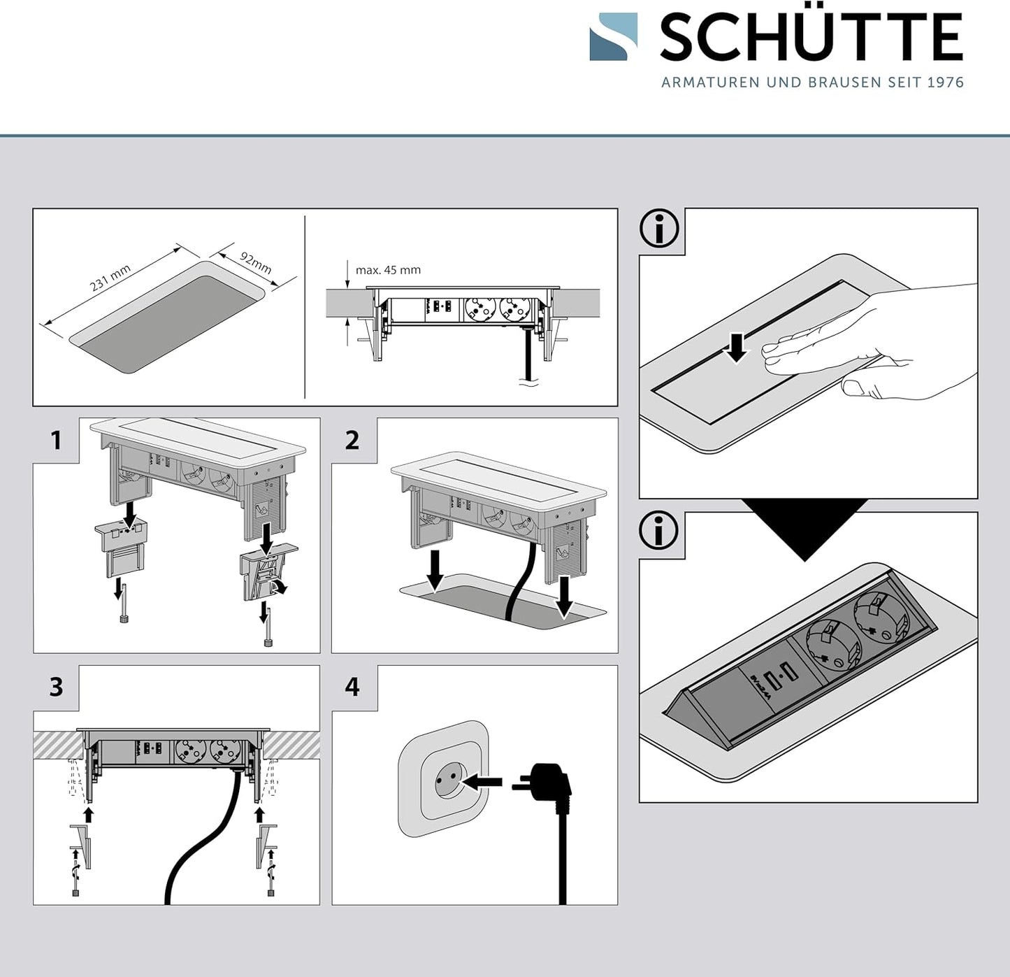 SCHÜTTE Multiprise Pliable pour Plan de Travail (2 Ports USB et 2 Prises de 230 V), Prise encastrable pour la Cuisine à équiper, Prise de Table en Acier Inoxydable