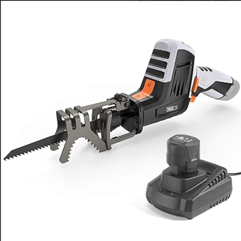 TACKLIFE Scie Sabre Professionnelle 12V avec Batterie 1500mAh Ions Lithium, Scie à Arbre sans Fil, Mâchoire de Serrage, Vitesse Réglables