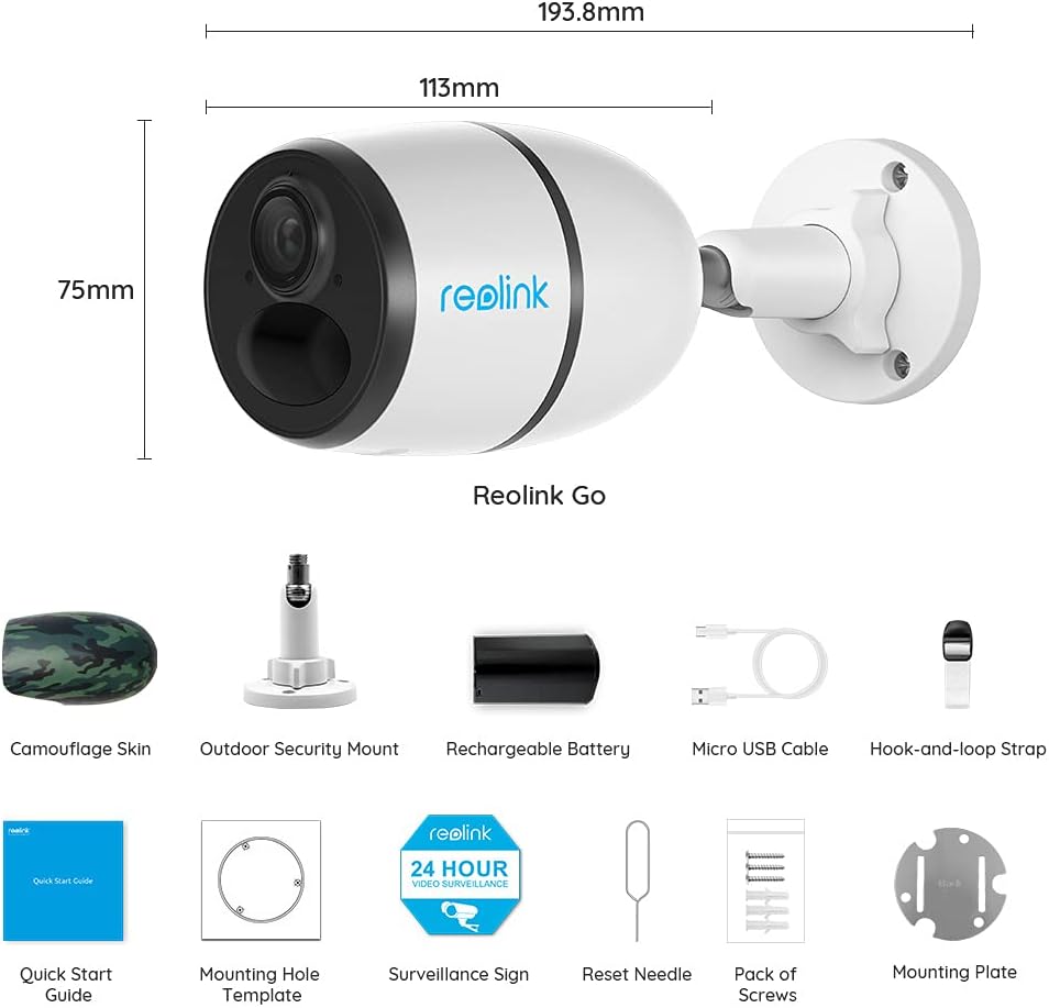 Reolink Go Caméra 3G/4G LTE Surveillance Extérieure sans Fil avec Batterie Rechargeable, 1080P Caméra Carte SIM avec Détection PIR, Audio Bidirectionnel, Fente Carte SD, Vision Nocturne