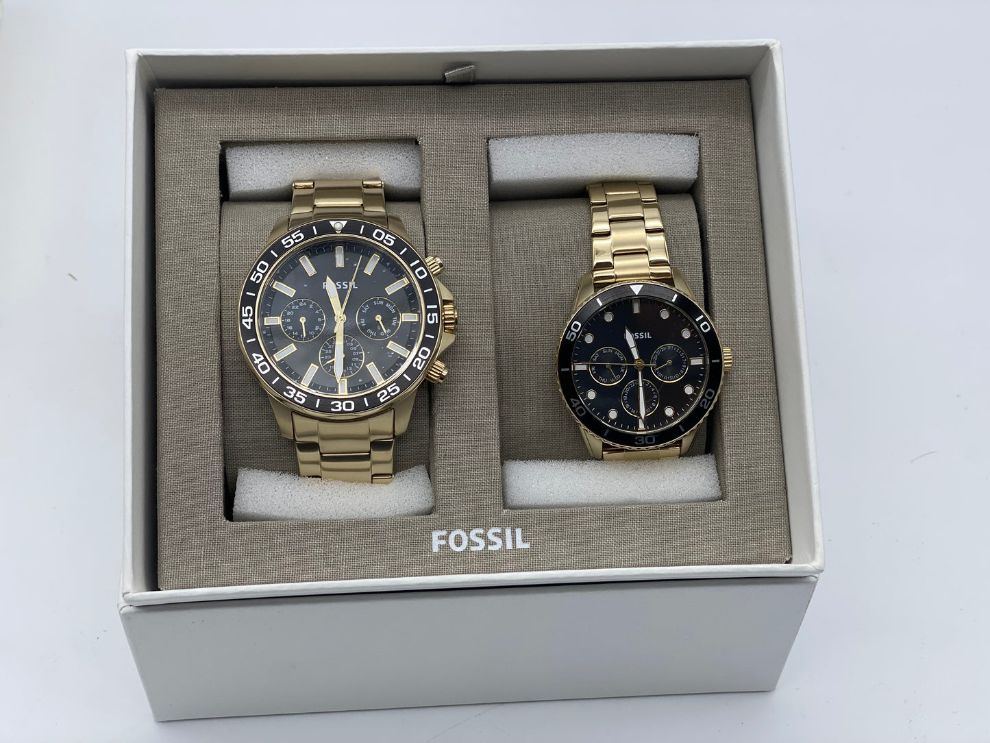 Coffret Montre Fossil Homme & Femme Acier Inoxydable Dorée Multifonctions Neuves