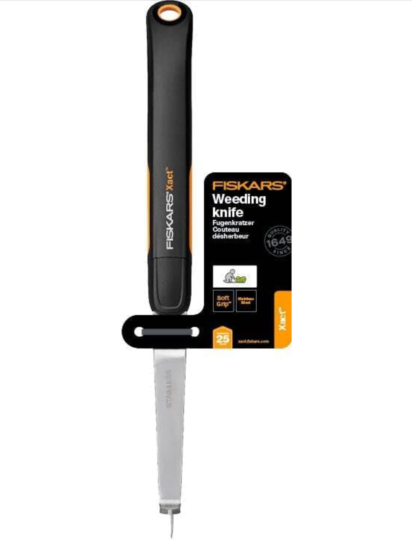 Fiskars Couteau désherbeur pour extirper les mauvaises herbes et la mousse, Longueur : 33,8 cm, Noir/Orange, Acier/Plastique, Xact