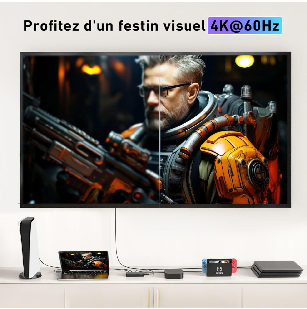 HDMI Switch 5 en 1 Sortie 4K@60Hz, Commutateur HDMI avec Télécommande Répartiteur HDMI 2.0 Supporté 3D HDR HDCP2.2 pour PS5/4/3, Xbox, HDTV, Moniteur, Projecteur, Roku TV, Lecteur Blu-Ray