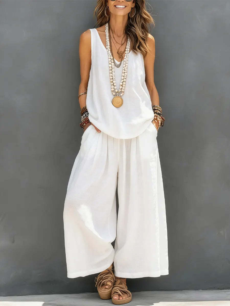 Débardeur décontracté sans manches de couleur unie pour femmes et pantalon à lambes larges Ensemble en lin de coton pour vêtements de tous les jours Tenue de vacances