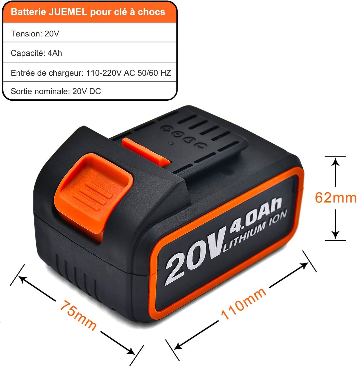 Batterie de remplacement Li-ion JUEMEL 20V 4.0Ah XR pour outils à clé à chocs sans fil JUEMEL M8808 uniquement