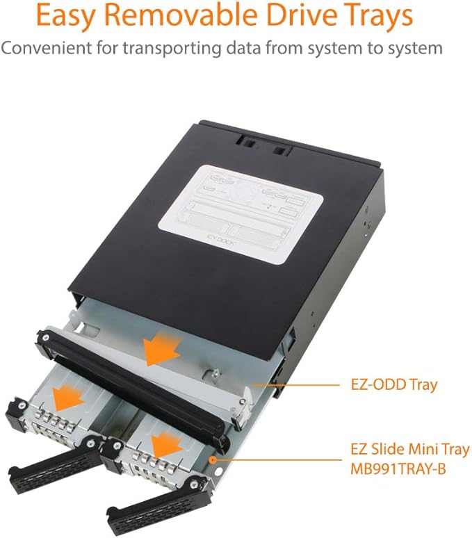 ICY DOCK Backplane Cage, Rack Mobile, boîtier de Rack Robuste métallique Hot Swap pour 2 x SSD Or HDD 2.5" SATA/SAS & Plateau Slim Odd/Graveur DVD pour Baie de 5.25" - Tough Armor MB994IPO-3SB