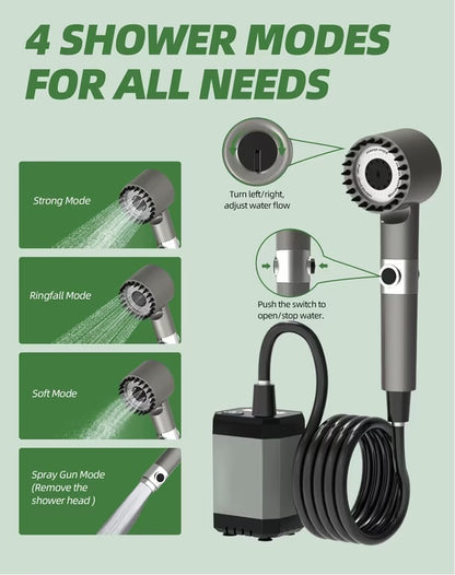 Kit Douche Camping,6000mAh Douche Portable Imperméable,USB Pompe de Douche Électrique Rechargeable,4 Modes pour Extérieure,avec Afficheur Intelligent,pour Extérieure,Camping,Randonnée,Jardin