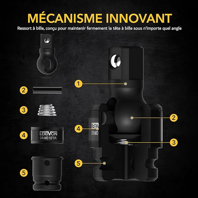 LEXIVON Cardan 1/2" 3/8" et 1/4" pour clé à choc ou cliquet embouts outils, qualité primium neuf