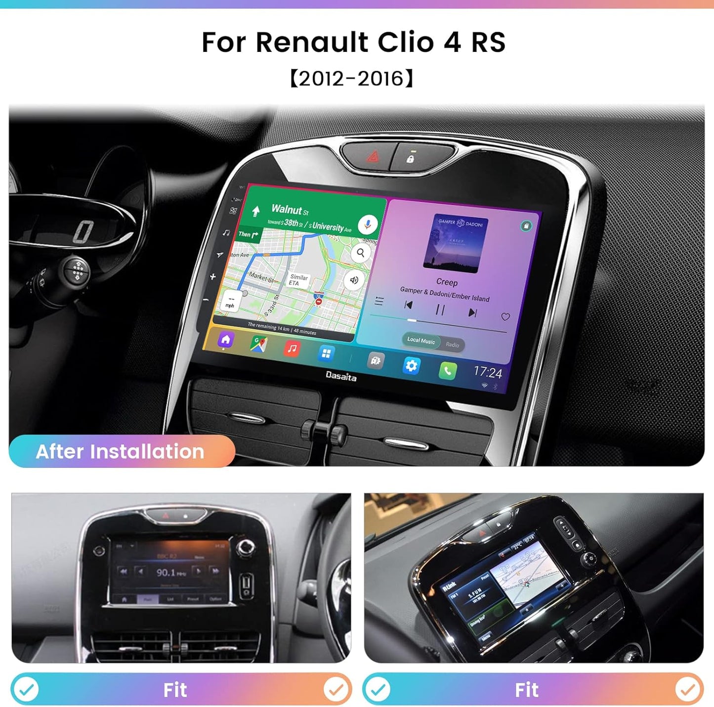 Dasaita Carradio Récepteur stéréo de Voiture Android 10 1 Din avec écran pour Renault Clio IV 4 RS 2012-2016 Audio avec écran tactile HD 1280 * 720 9 "Carplay Android Auto Bluetooth DSP GPS
