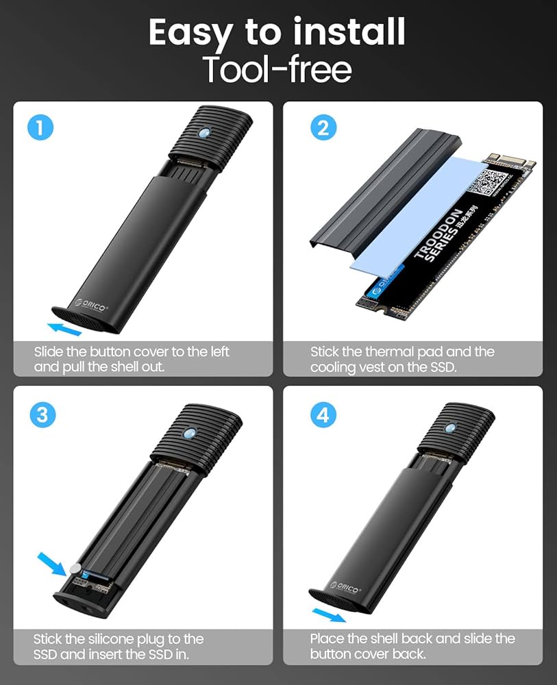 Boîtier SSD M2 NVMe SATA, Adaptateur SSD M2 USB C 3.2 Gen 2 10Gbps NVME PCIe, 5Gbps NGFF SATA M-Key(B+M Key) 2230/2242/2260/2280, Aluminum Externe Lecteur M.2 Disque Dur, Support UASP- PWDM2-BK