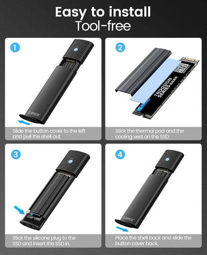 Boîtier SSD M2 NVMe SATA, Adaptateur SSD M2 USB C 3.2 Gen 2 10Gbps NVME PCIe, 5Gbps NGFF SATA M-Key(B+M Key) 2230/2242/2260/2280, Aluminum Externe Lecteur M.2 Disque Dur, Support UASP- PWDM2-BK