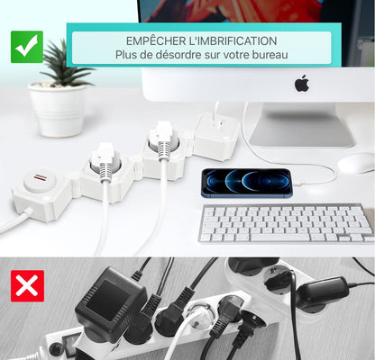 Multiprise Protection contre les surtensions Prise multiple avec fonction de charge USB, adaptateur de prise à 2 compartiments, répartiteur de prise à rotation de 180 degrés pour voyage avec interrupteur, à la maison 3680W 16A, blanc