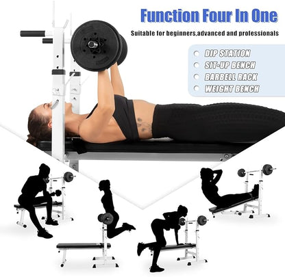 Banc de Musculation Pliable, Complet Réglable avec Support de Barres pour Haltère et Station à Dips