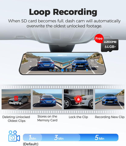 AZDOME PG17 4K Caméra de Tableau de Bord Miroir 12", caméra de rétroviseur WiFi avec caméra arrière étanche 1080P, Carte 64 Go Incluse, GPS, Vision Nocturne WDR, contrôle Vocal, Assistant de Conduite