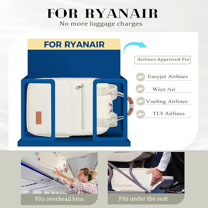 Sac a Dos Voyage Cabine Avion pour Ryanair Easyjet Valise Bagages Cabine Antivol avec Compartiment pour Ordinateur, 40x20x25cm, Beige
