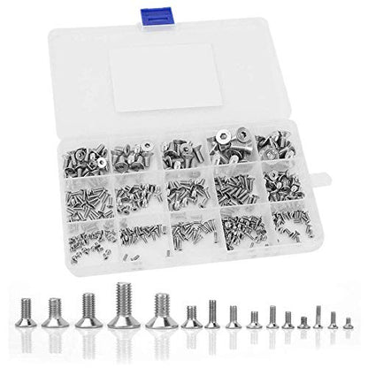 Ensemble de vis à bouton plat hexagonal de 320 pièces, M2 M3 M4 M5 Vis à tête fraisée 304 Vis en acier inoxydable Écrous et rondelles Ensembles d'assortiment avec boîte de rangement