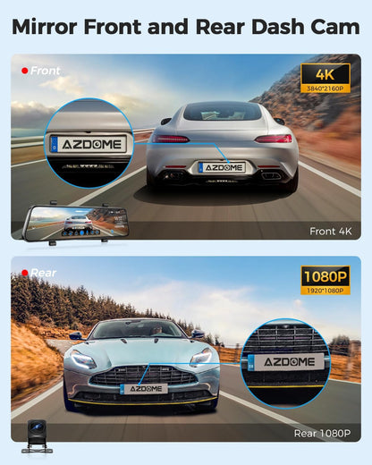 AZDOME PG17 4K Caméra de Tableau de Bord Miroir 12", caméra de rétroviseur WiFi avec caméra arrière étanche 1080P, Carte 64 Go Incluse, GPS, Vision Nocturne WDR, contrôle Vocal, Assistant de Conduite