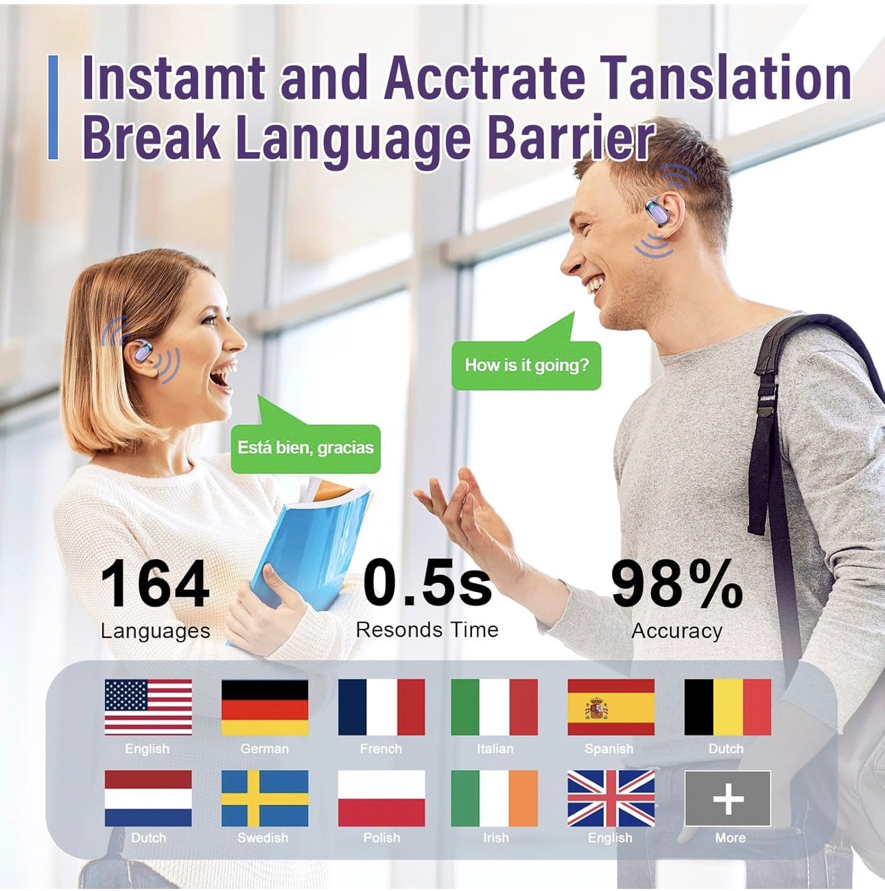 AI Ecouteur Traducteur Instantané, 58H Bluetooth 5.4 Ecouteurs sans Fil Open Ear avec 164 Langues, 3 en 1 Écouteur Traduction Vocale Instantanée, 7 Modes de Traduction, pour Affaires, Violet