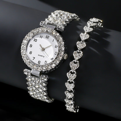 Ensemble "Luxury-Glow" – Montre Bijou à Quartz & Bracelet Cœurs Sertis de Cristaux