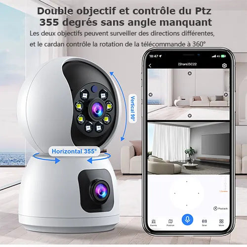 Caméra Surveillance WiFi Sans Fil Interieur 2MP+2MP Double Objectif Babyphone
