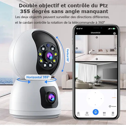 Caméra Surveillance WiFi Sans Fil Interieur 2MP+2MP Double Objectif Babyphone
