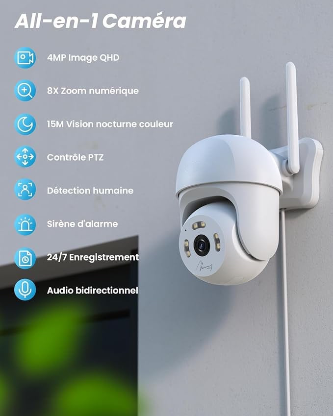 Caméra Surveillance 4MP 360° WiFi Exterieure, PTZ Caméra IP, Suivi Automatique Pan 355° Tilt 90°, Vision Nocturne Couleur, PIR Détection de Mouvement, Audio Bidirectionnel, PC/Sirène/IP65