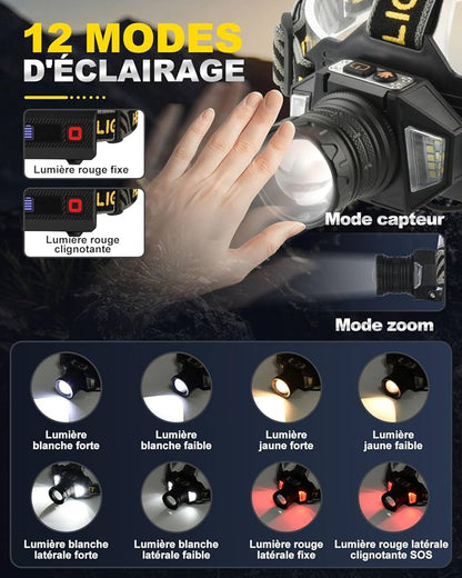 Lampe Frontale Led Ultra Puissante Rechargeable USB C avec 12 Modes d’Éclairage, Capteur & Warning Light, IPX5 Étanche, 90° Réglable Zoomable Tête Extensible pour Camping, Randonnée, Pêche et Course