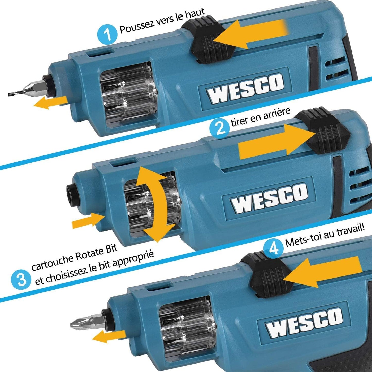 WESCO Tournevis Electrique, Visseuse sans Fil 3.6V Batterie Li-ion 1500mAh avec 6pcs Embouts de Vissage, Petit Léger, LED lumière, Changement de Embouts Pratique WS2013