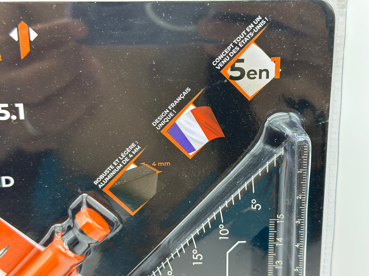 5 en 1 Equerre Menuisier 180 mm - Inclus Crayon Chantier - Multifonction : Trusquin / Raporteur / Gabarit de percage / Equerre a chapeau - Aluminium