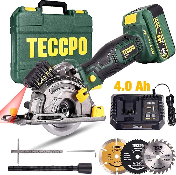 Scie Circulaire sans Fil TECCPO, 18V 4.0Ah Batterie, 4.0A Chargeur Rapide, Guide de Laser, Boîte de Transport, Vitesse 3,100 RPM, 3 Lames Ø 89mm, Convient à la Coupe du Bois, du Métal, des Carreaux