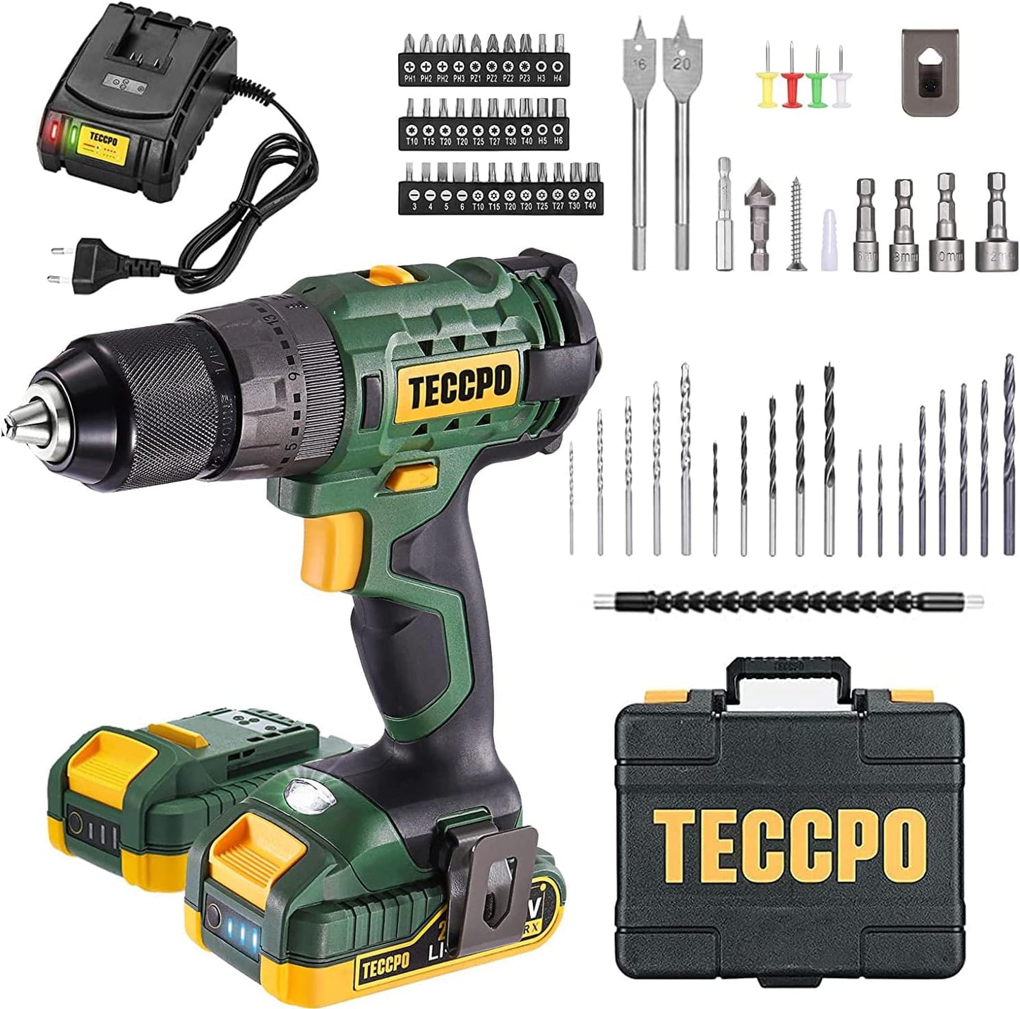 Visseuse sans fil TECCPO 18 V, 45 Nm, 2 batteries 2000 mAh et 105 accessoires, chargeur rapide, 21 + 3 niveaux de couple, 2 vitesses, mallette à outils portable - BHD700B