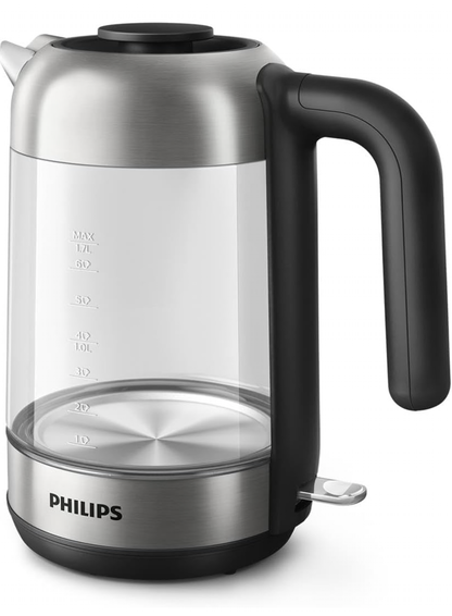 Philips Série 5000 Bouilloire Électrique en Verre - Capacité 1,7L, Résistance Plate pour Ébullition Rapide, Tamis Anti-Calcaire, Base 360° Sans Fil, Couvercle Amovible, Voyant Bleu (HD9339/80)