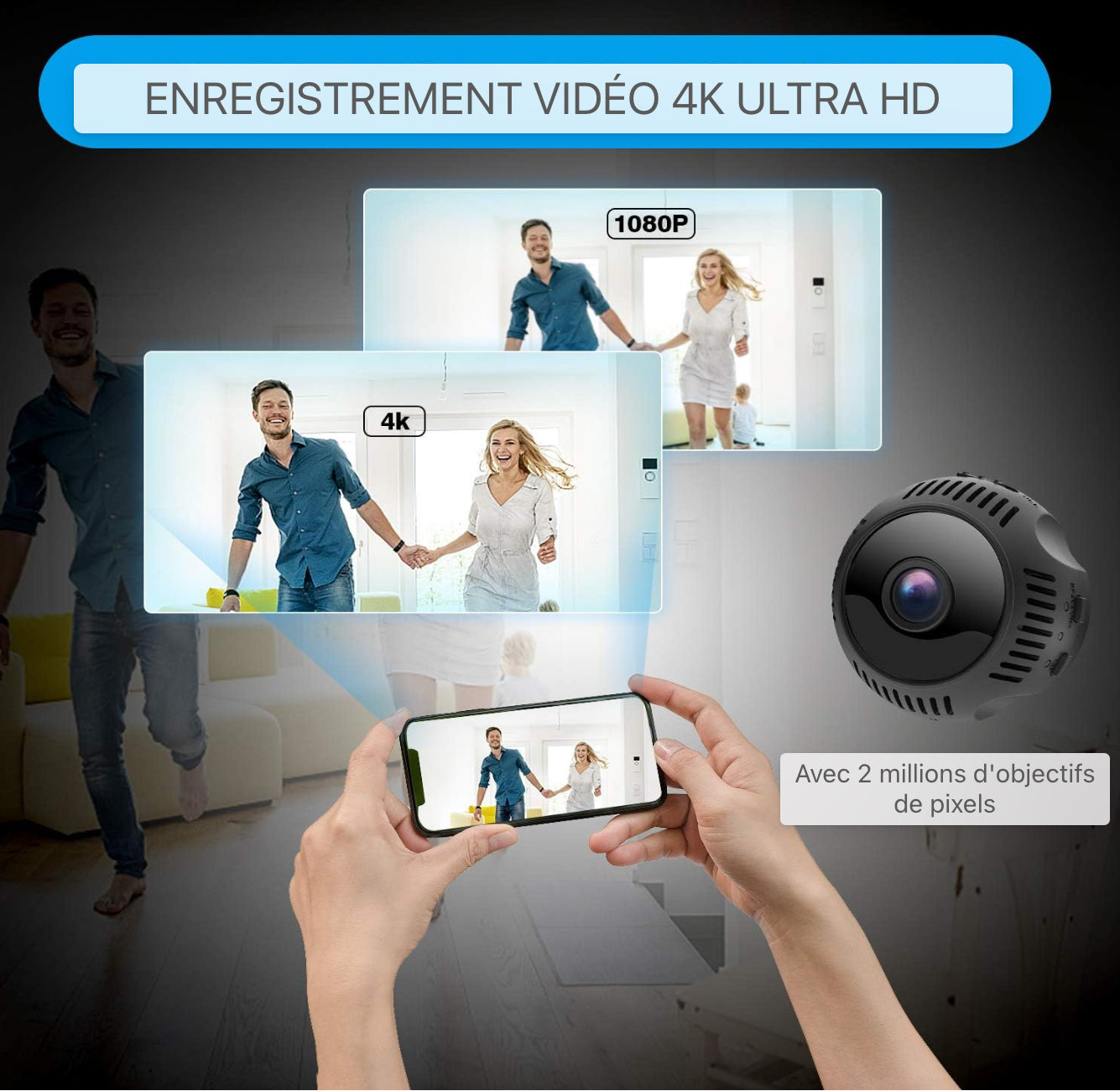 Mini Caméra WiFi, Caméra de sécurité WiFi HD 1080P avec détection de mouvement de vision nocturne 160° grand angle prend en charge la carte SD de 128 Go