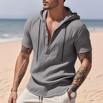 Chemise Henley "Breeze-Hood" – Lin Respirant, Manches Courtes & Capuche Ajustabl