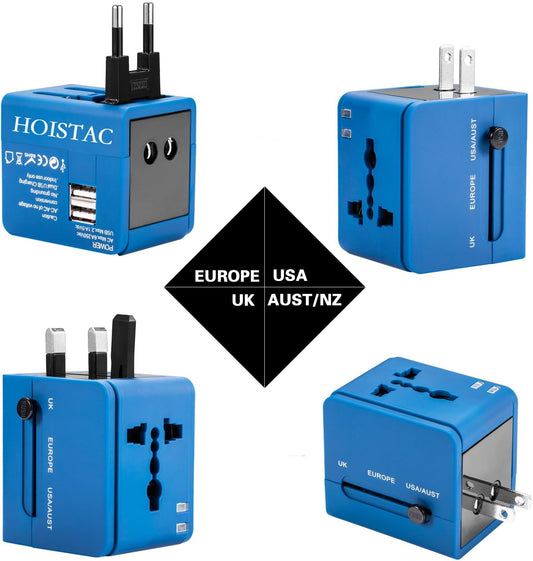 Adaptateur de voyage, adaptateur secteur universel mondial tout en un Chargeur mural international pour téléphone portable et Pc portable, avec double port de charge USB pour les USA, Europe, Royaume Uni, Australie (Bleu)