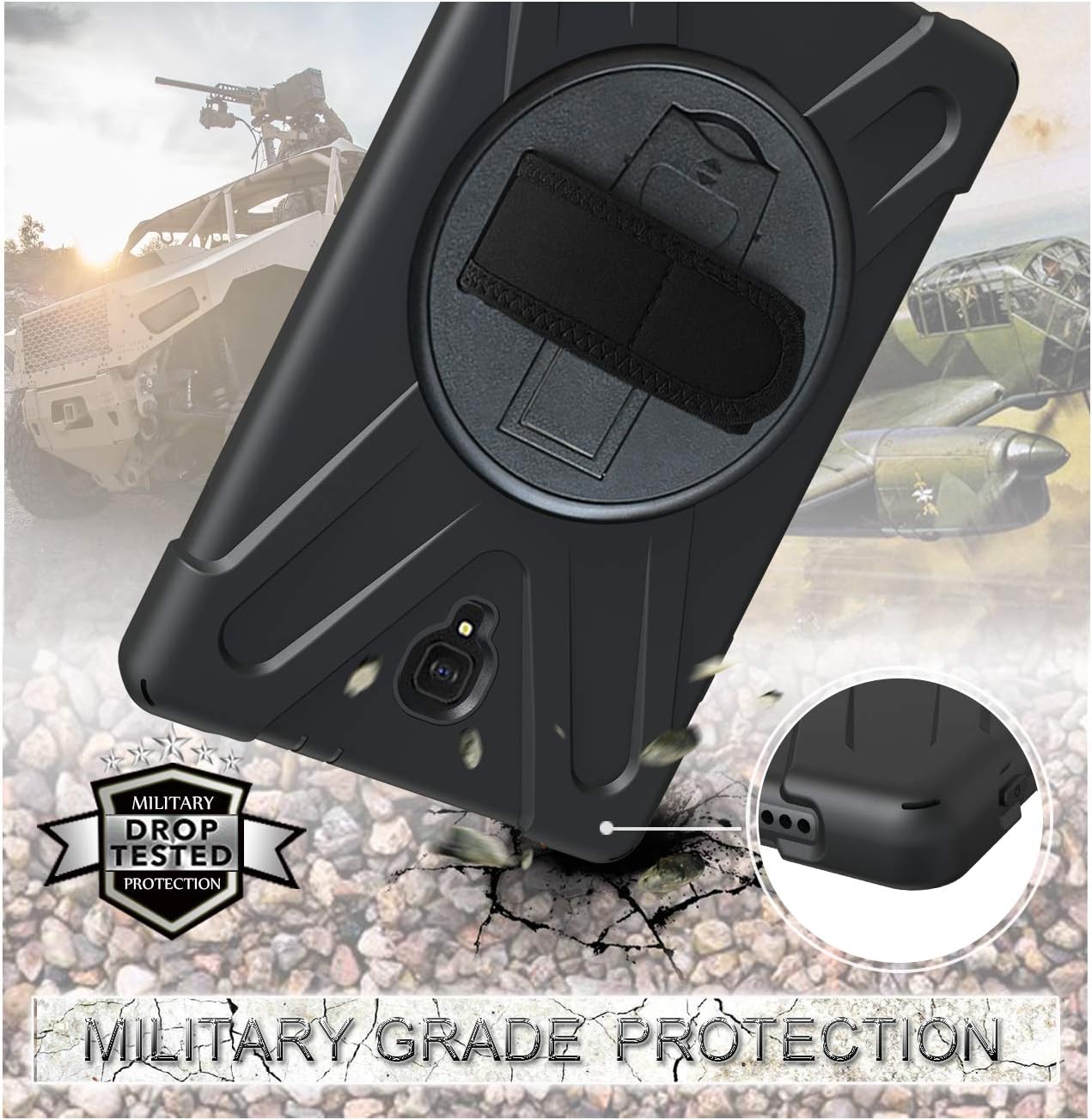 Coque Antichoc pour Samsung Galaxy Tab A 10.5" SM-T595/T590, Étui Armure Robuste avec Support Rotatif, Dragonne et Bandoulière, Protection Housse pour Galaxy Tab A T590/T595, 10.5 Pouces, Noir