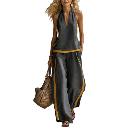 Pantalon à jambes larges de couleur contrastée, Ensemble de deux pièces à la mode en coton-lin pour femmes