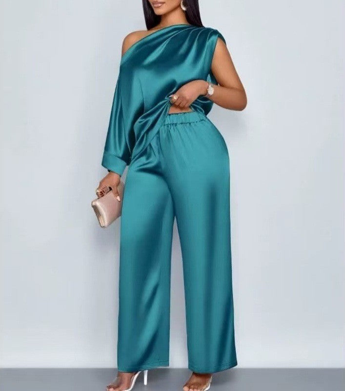 transfrontalier été décontracté Costume en satin pour femmes Col incliné Ensemble de pantalons à manches courtes