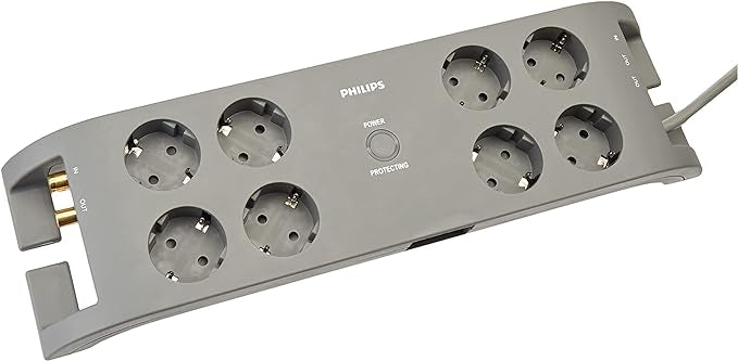 Philips Prise 8 Voies - 230V - Type F - Noir - Protection Secteur - Prises Coaxiales et Téléphonique