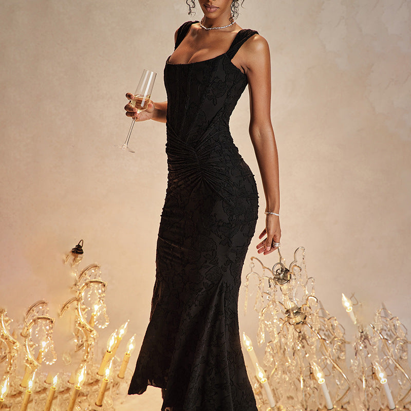 Robe de Soirée "Aurore" – Coupe Sirène en Jacquard Floral & Corset Drapé