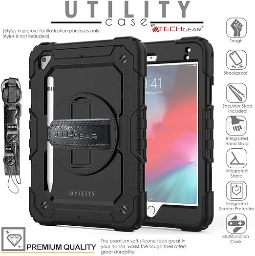 Coque pour iPad Mini 5ème Gén 2019 / iPad Mini 4 - Coque Rigide, Très Haute Protection Anti-Choc avec Support Pivotant 360 Degrés, Bandoulière Épaule et Prise Main - Noir