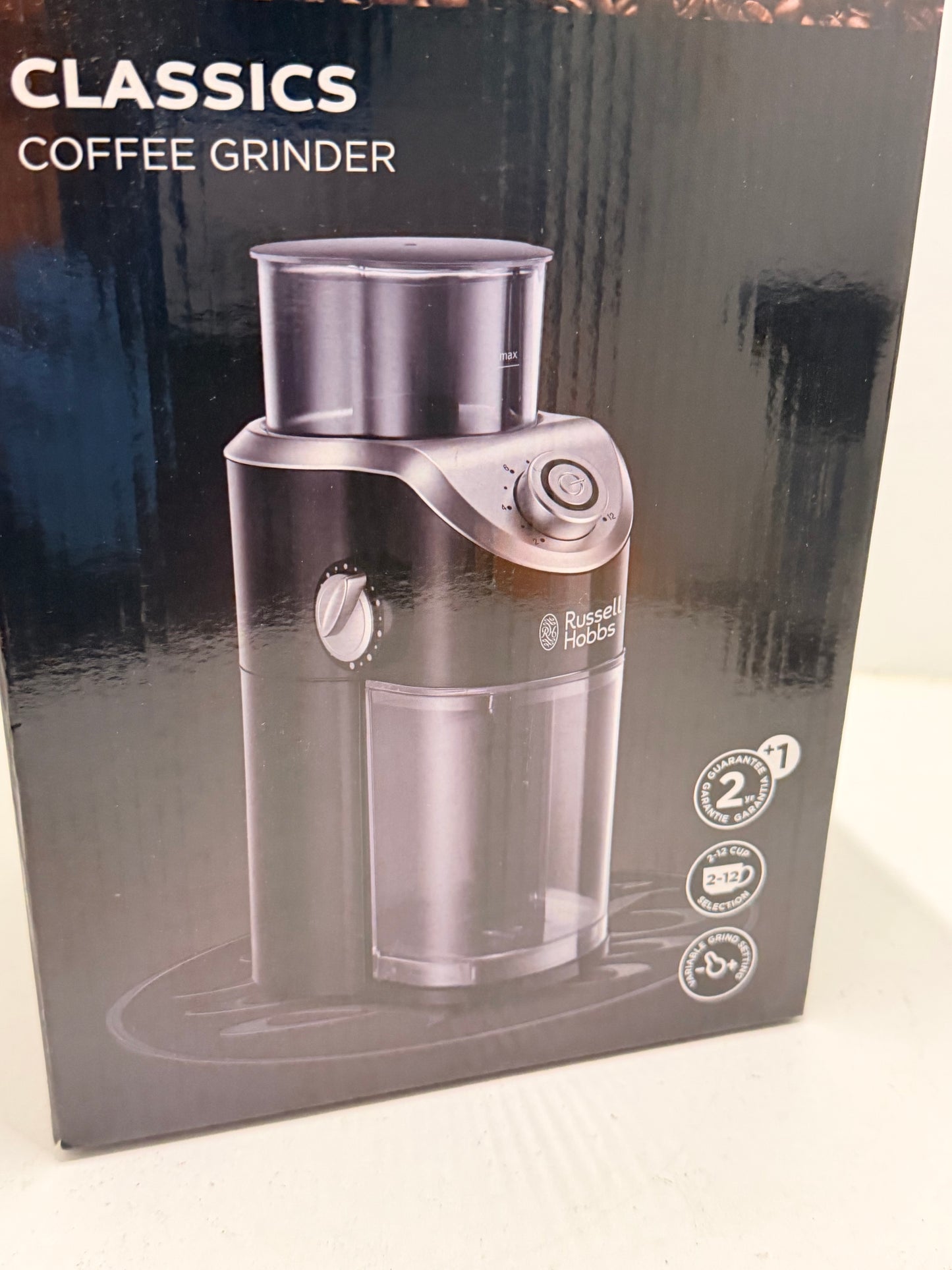 Russell Hobbs Moulin à café [électrique à meule plate] Classics (réglages variables de mouture: fine à grossière, 2 à 12 tasses, pour grains de café, noix, épices, céréales, indicateur LED) 23120-56
