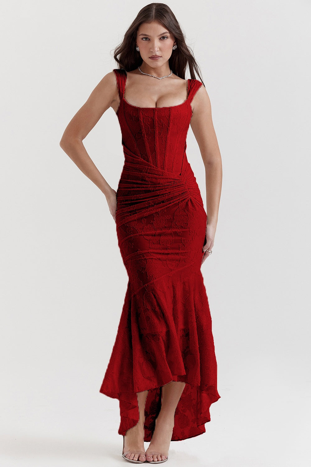 Robe de Soirée "Aurore" – Coupe Sirène en Jacquard Floral & Corset Drapé