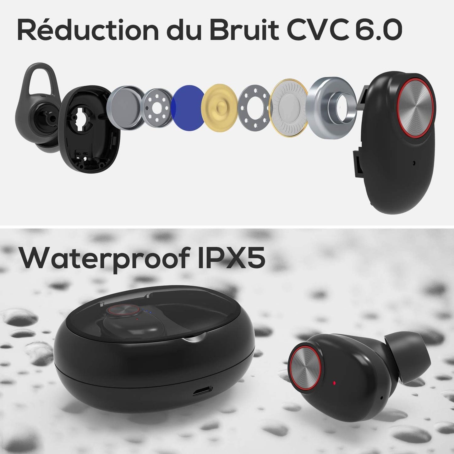 UTRAI Ecouteur Bluetooth V5.0 Oreillette sans Fil Léger HiFi Stéréo TWS 500mAh Appariement Automatique 20H Play Étanche IPX5 Anti-Bruit CVC 6.0 Microphone HD Confortable Haute Fidélité iOS Android