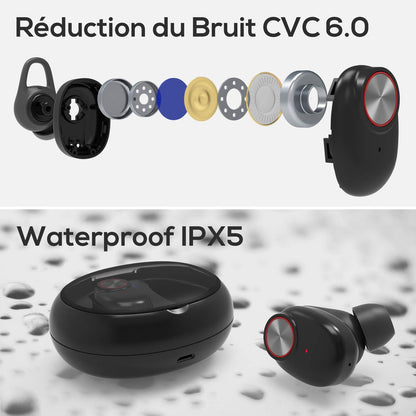 UTRAI Ecouteur Bluetooth V5.0 Oreillette sans Fil Léger HiFi Stéréo TWS 500mAh Appariement Automatique 20H Play Étanche IPX5 Anti-Bruit CVC 6.0 Microphone HD Confortable Haute Fidélité iOS Android