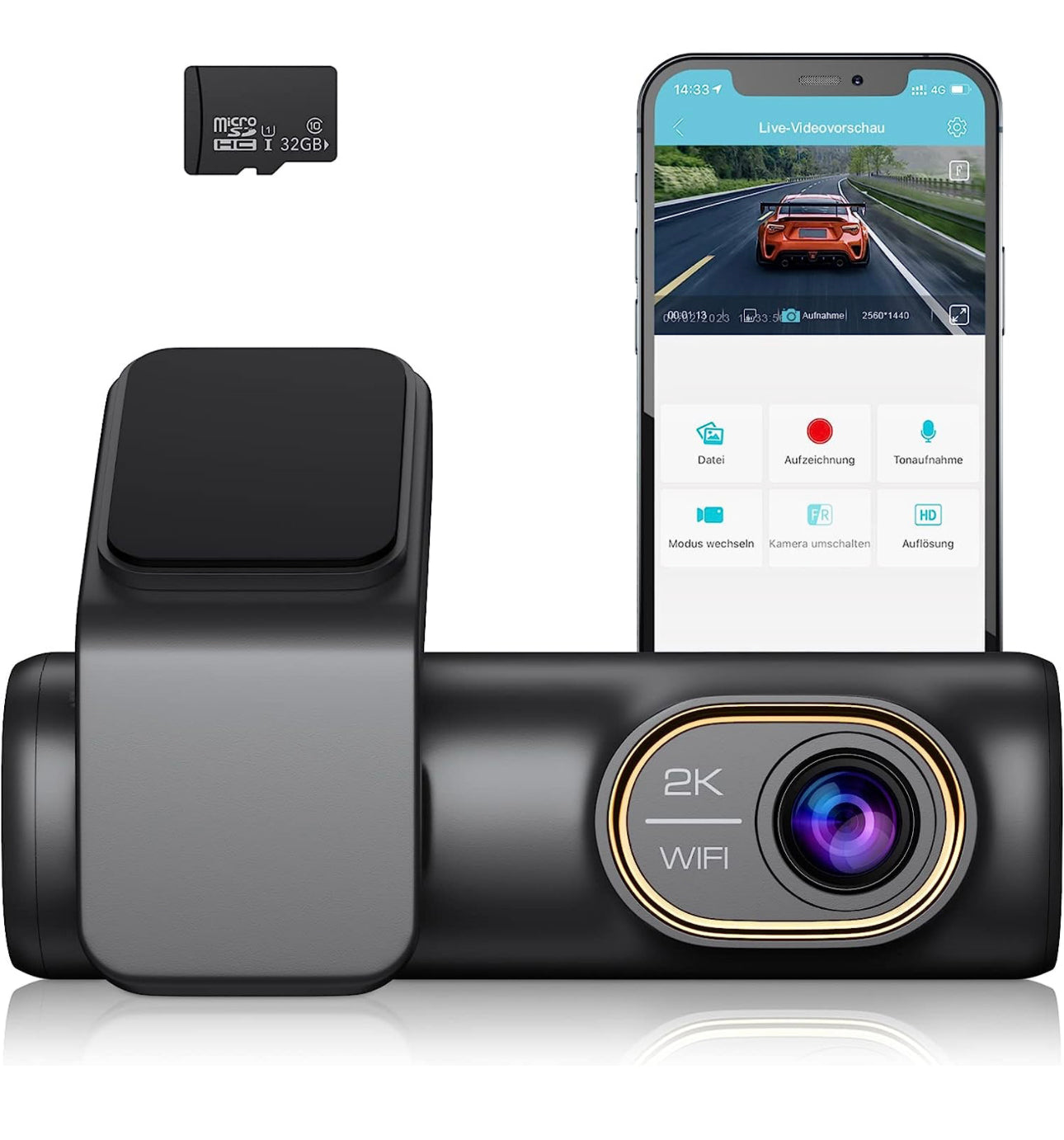 Dashcam Voiture Avant 2K 1440P, Camera Voiture, avec Carte SD 32GB, WiFi & APP, Grand Angle de 150°, Vision Nocturne IR, Enregistrement en Boucle, 24 Eures Mode Parking, G-Capteur, WDR