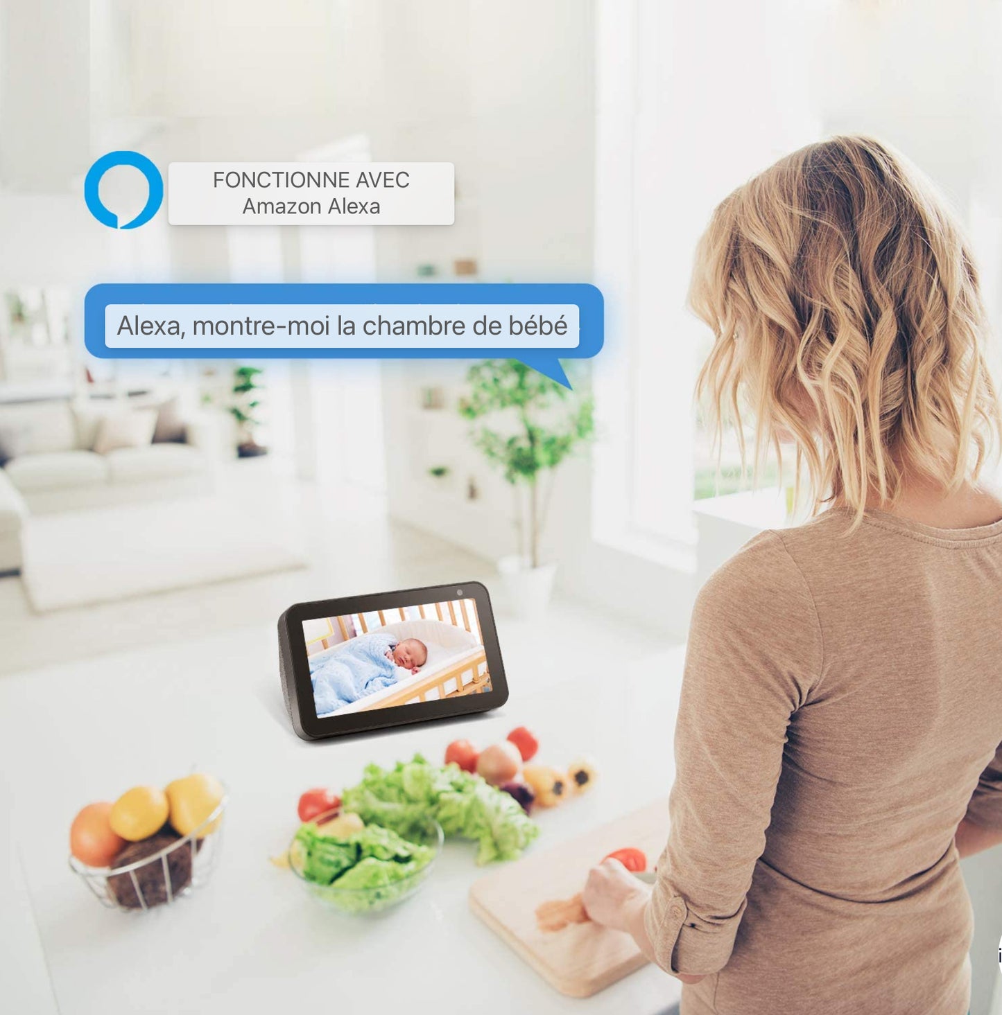 Caméra WiFi pour la sécurité domestique 1080P Pan/Tilt 2.4GHz pour moniteur bébé/animal de compagnie/nounou Vision nocturne Détection de mouvement Audio bidirectionnel Fonctionne avec Alexa