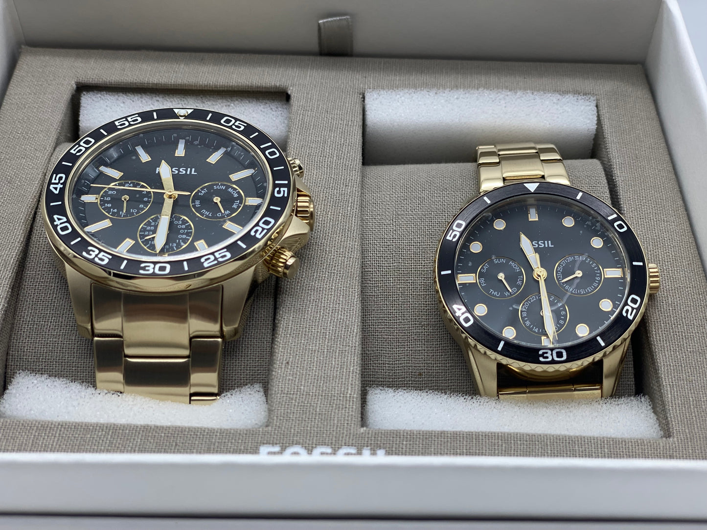 Coffret Montre Fossil Homme & Femme Acier Inoxydable Dorée Multifonctions Neuves