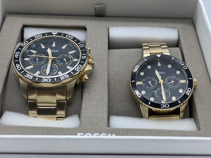 Coffret Montre Fossil Homme & Femme Acier Inoxydable Dorée Multifonctions Neuves