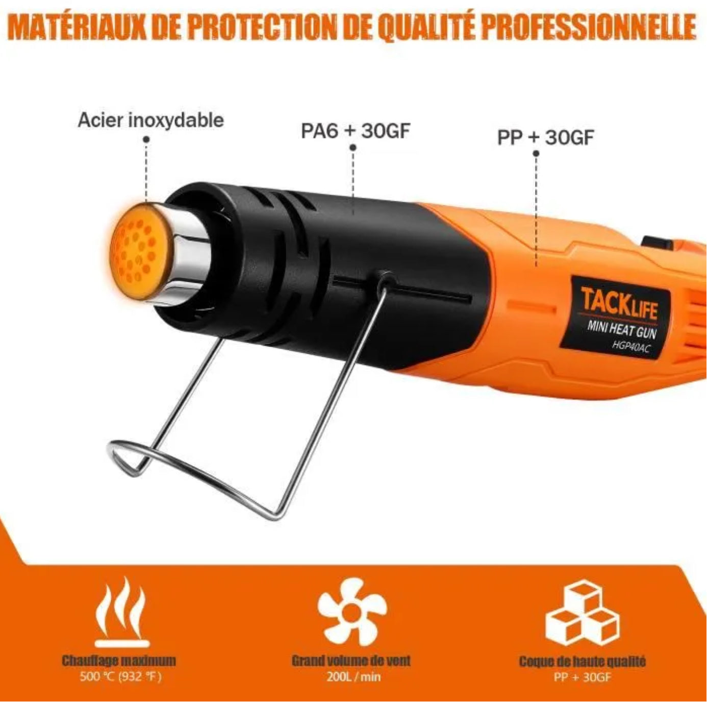Décapeur Thermique TACKLIFE HGP40AC - 500W, 2 Températures, Câble de 2.2M